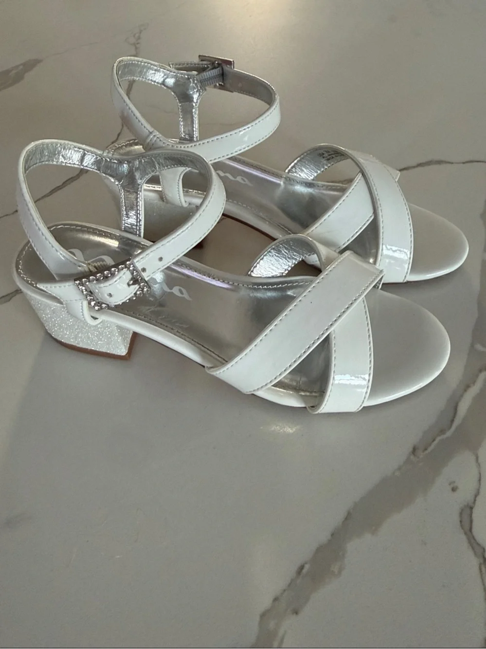 Girls Size 2 Nina White Patent Sandals with Glitter Block Heel